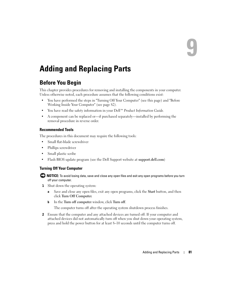 Adding and replacing parts, Before you begin, Recommended tools | Turning off your computer | Dell Inspiron 9300 User Manual | Page 81 / 132