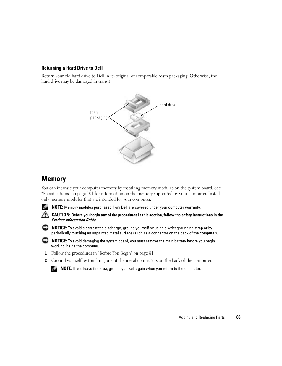 Returning a hard drive to dell, Memory | Dell Inspiron 9300 User Manual | Page 85 / 132