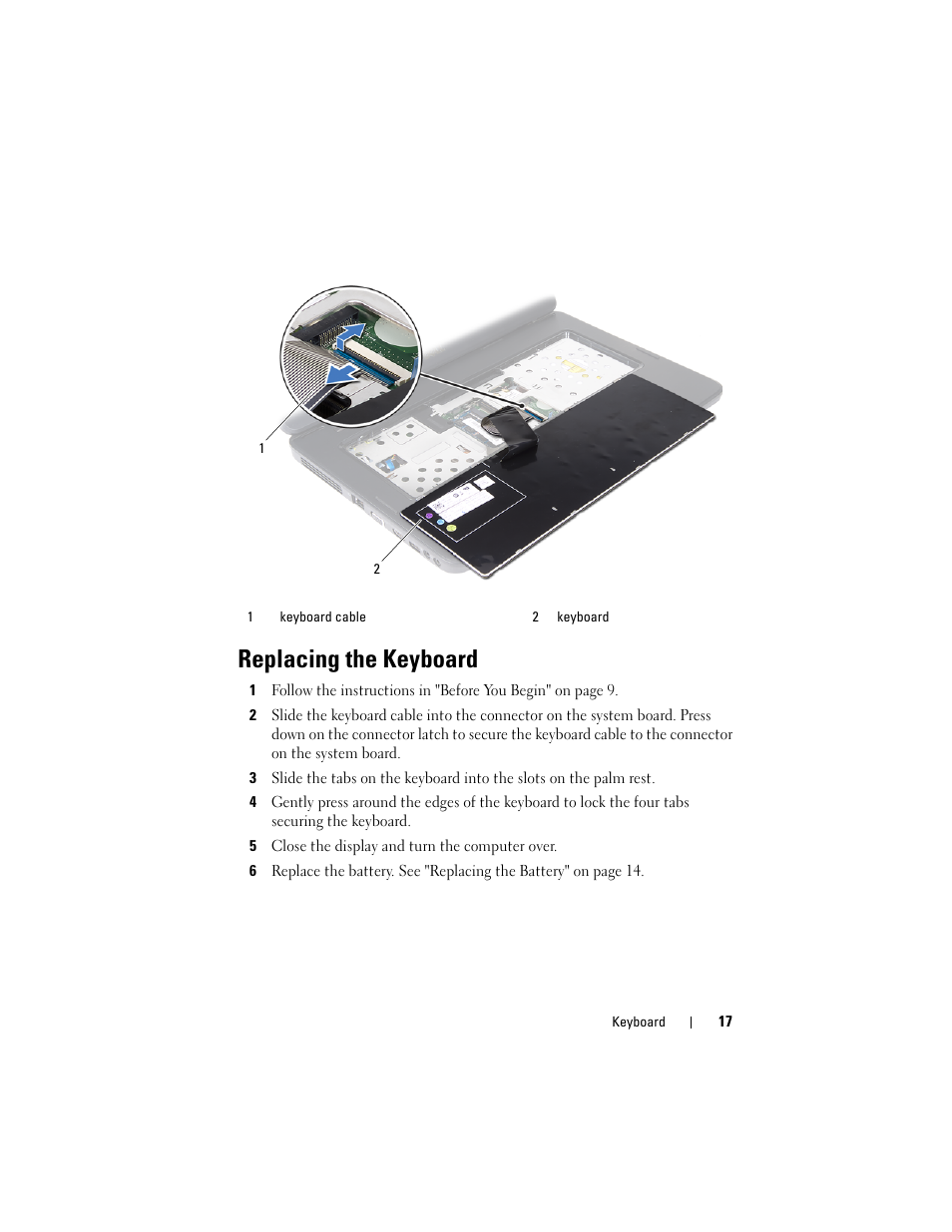 Replacing the keyboard, 5 close the display and turn the computer over | Dell Inspiron M5040 (Mid 2011) User Manual | Page 17 / 72