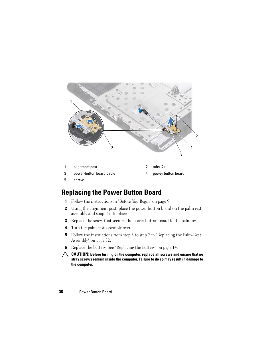 Replacing the power button board, 4 turn the palm-rest assembly over | Dell Inspiron M5040 (Mid 2011) User Manual | Page 36 / 72