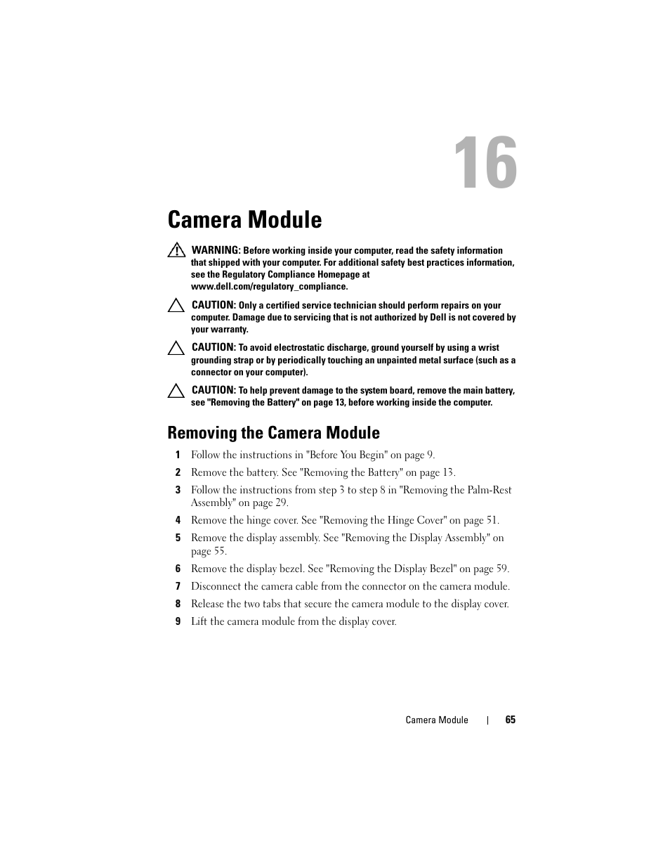Camera module, Removing the camera module, 9 lift the camera module from the display cover | Dell Inspiron M5040 (Mid 2011) User Manual | Page 65 / 72