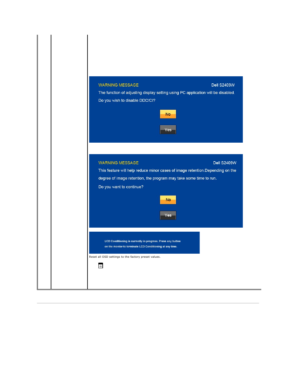Osd warning messages | Dell S2409WFP Monitor User Manual | Page 21 / 31