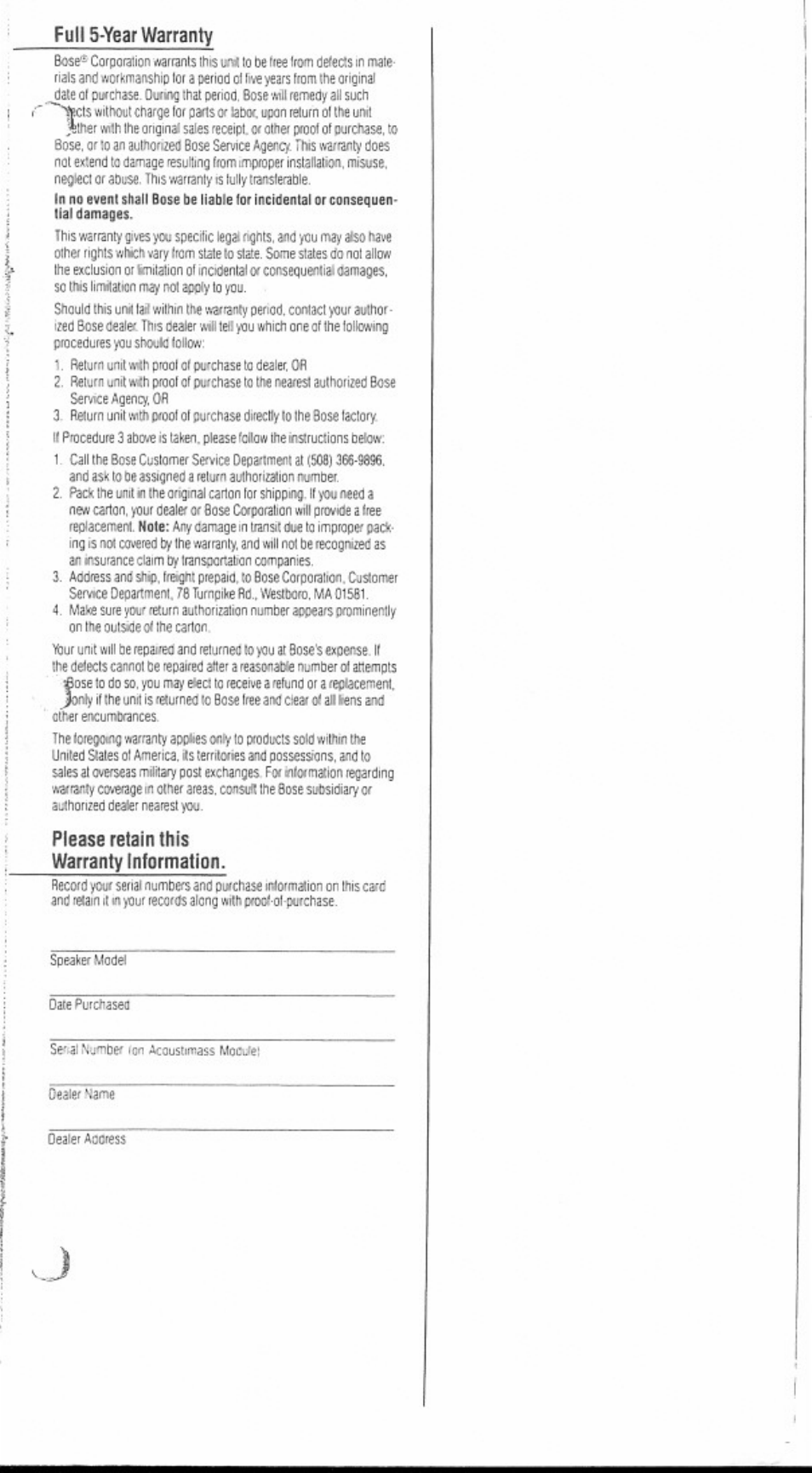 Full 5-year warranty, Please retain this warranty information | Bose Acoustimass AM-5 User Manual | Page 7 / 8