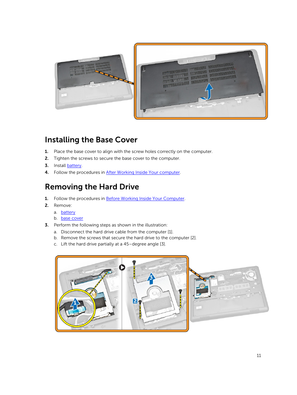 Installing the base cover, Removing the hard drive | Dell Latitude E7450/7450 (Late 2014) User Manual | Page 11 / 57