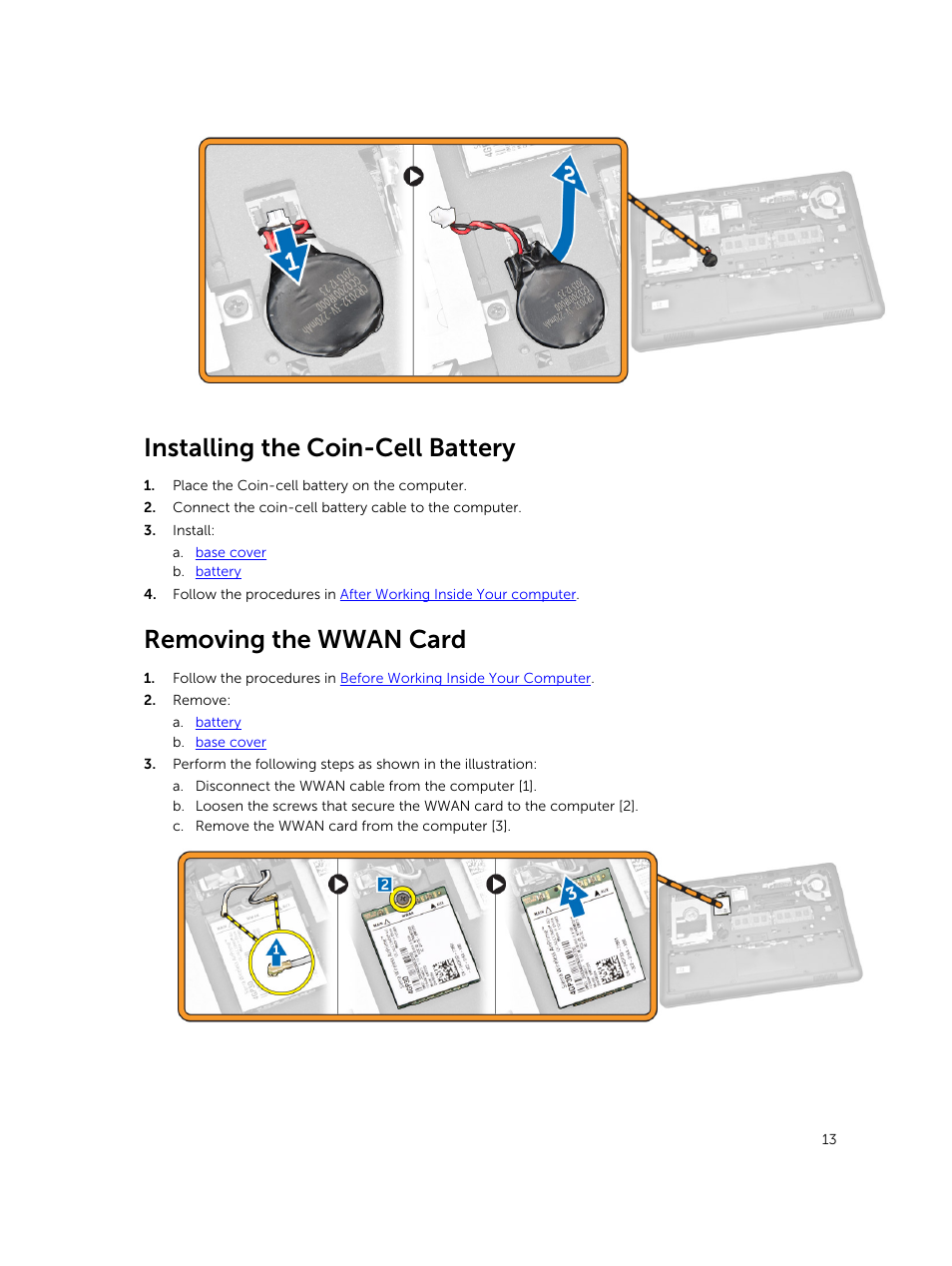Installing the coin-cell battery, Removing the wwan card | Dell Latitude E7450/7450 (Late 2014) User Manual | Page 13 / 57