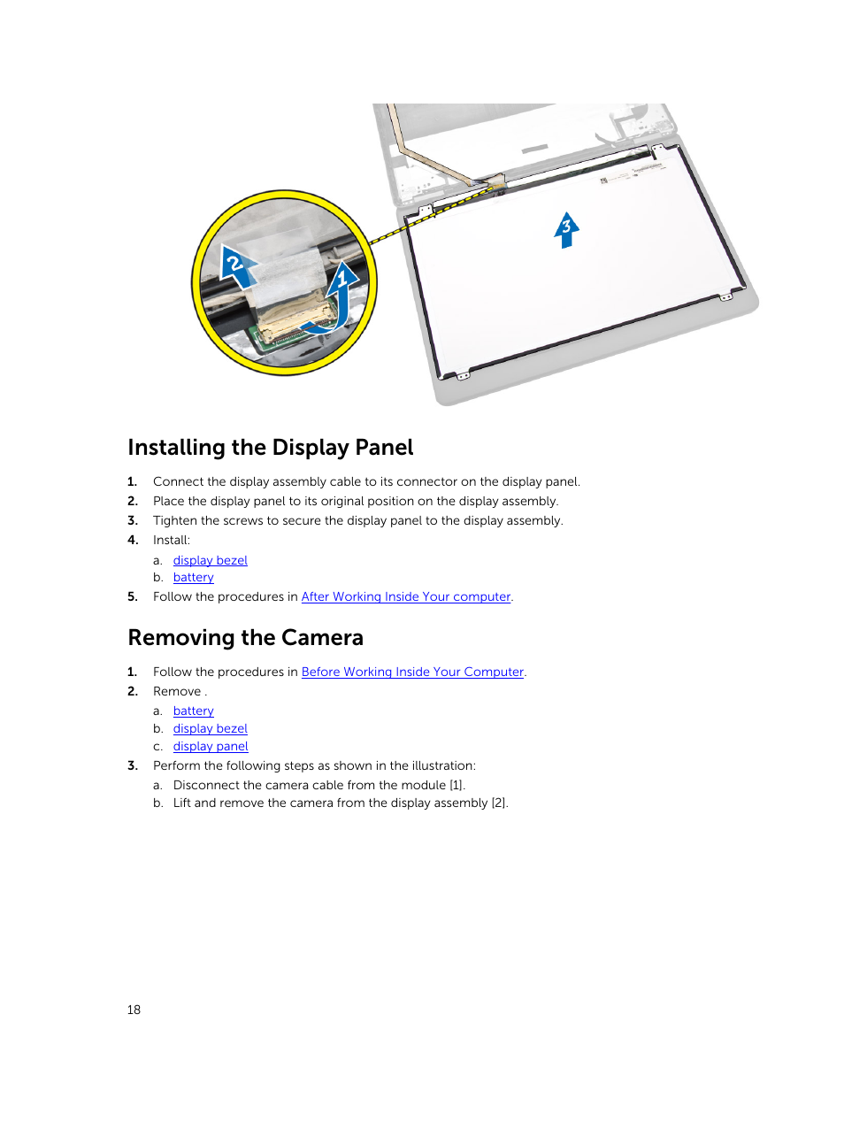 Installing the display panel, Removing the camera | Dell Latitude E7450/7450 (Late 2014) User Manual | Page 18 / 57
