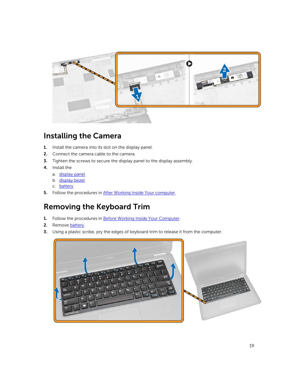 Installing the camera, Removing the keyboard trim | Dell Latitude E7450/7450 (Late 2014) User Manual | Page 19 / 57