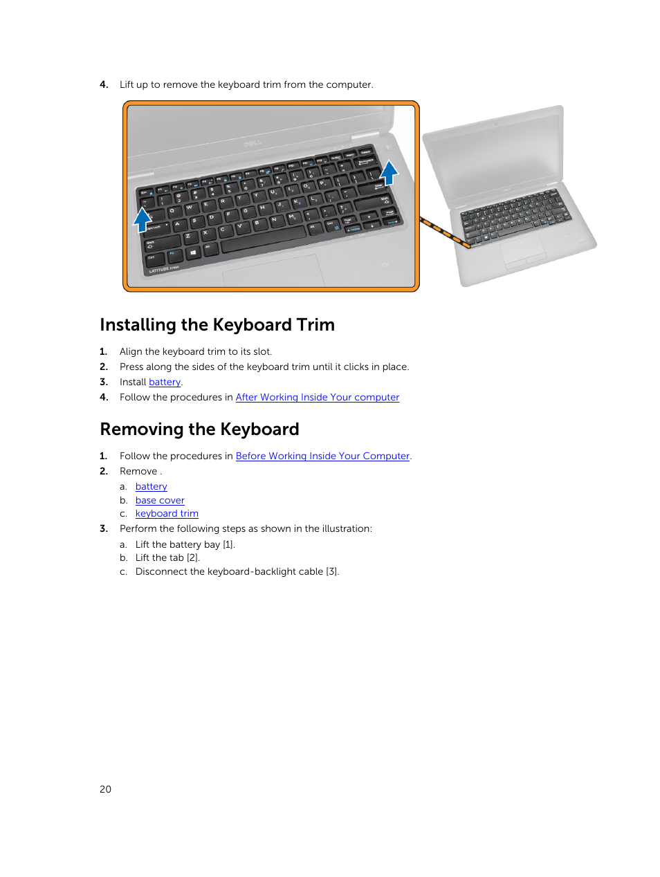 Installing the keyboard trim, Removing the keyboard | Dell Latitude E7450/7450 (Late 2014) User Manual | Page 20 / 57