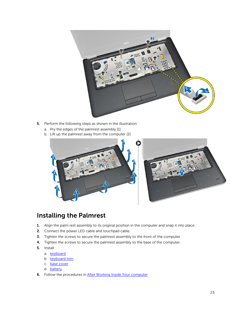 Installing the palmrest | Dell Latitude E7450/7450 (Late 2014) User Manual | Page 23 / 57