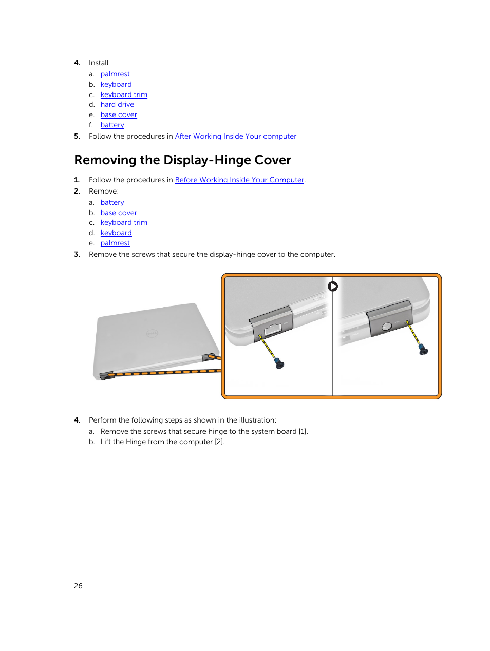 Removing the display-hinge cover | Dell Latitude E7450/7450 (Late 2014) User Manual | Page 26 / 57