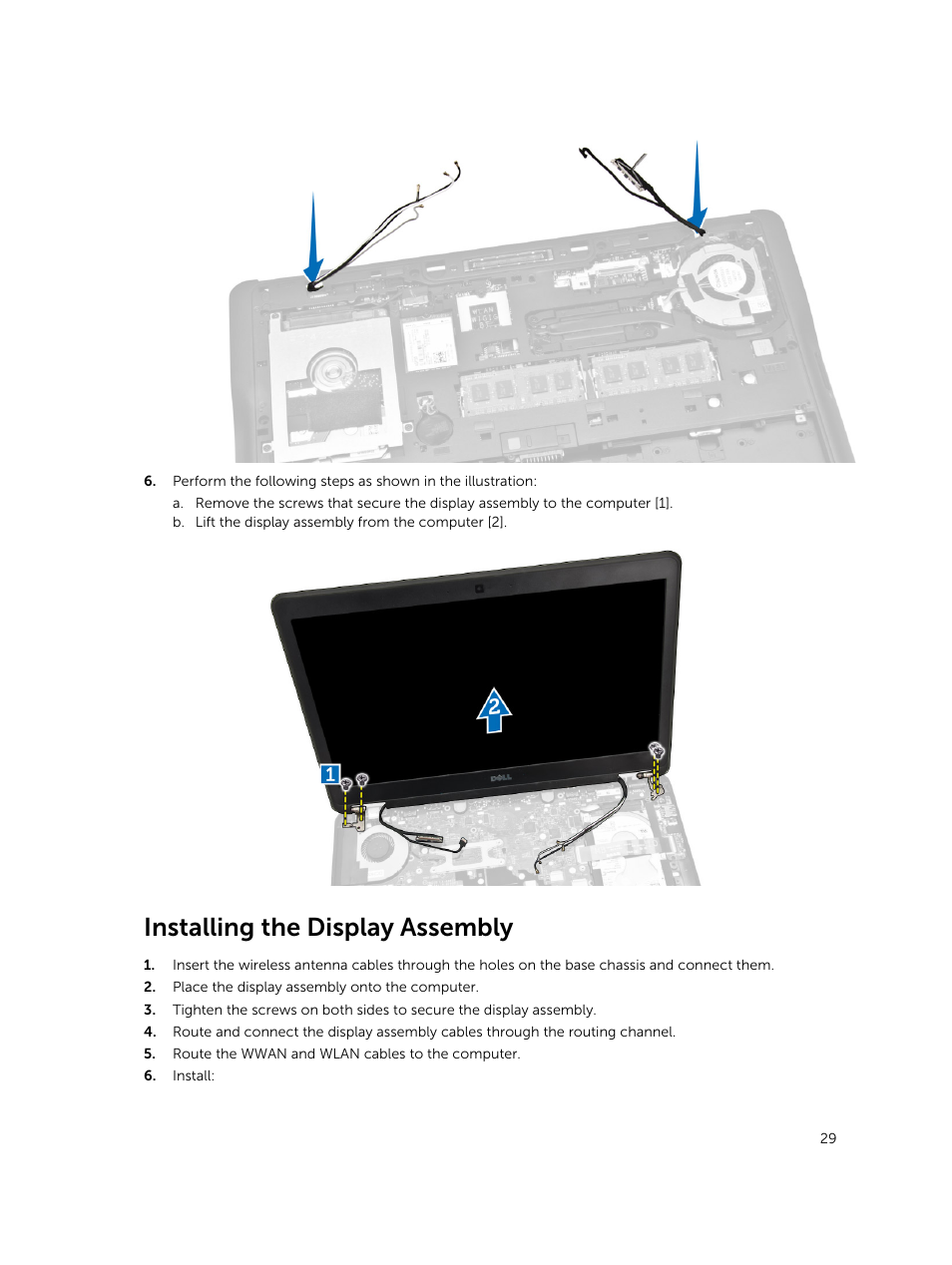 Installing the display assembly | Dell Latitude E7450/7450 (Late 2014) User Manual | Page 29 / 57