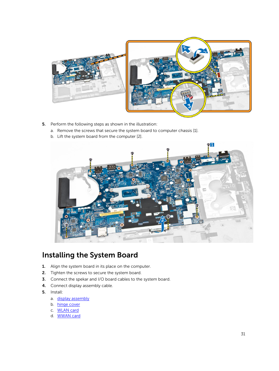 Installing the system board | Dell Latitude E7450/7450 (Late 2014) User Manual | Page 31 / 57