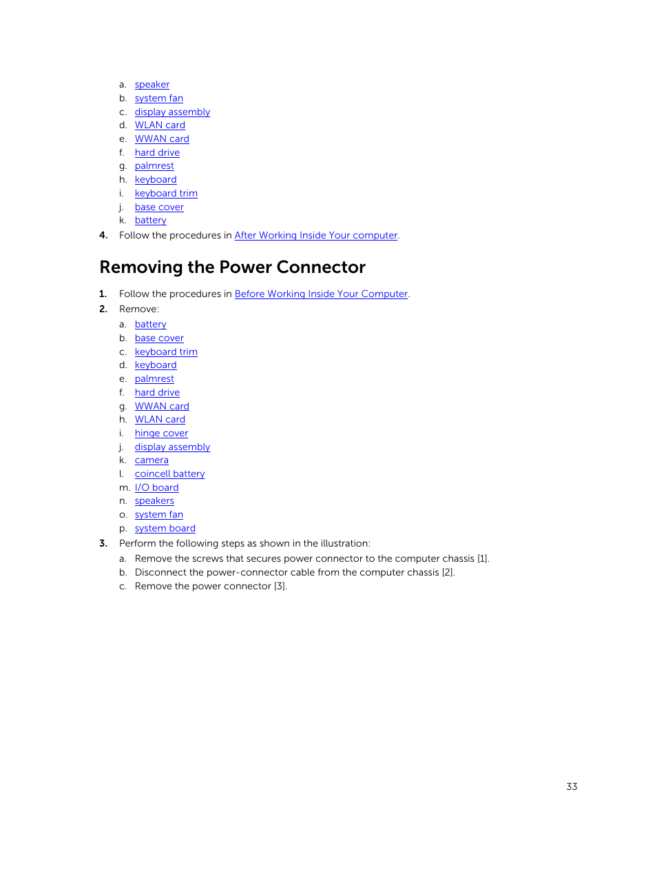 Removing the power connector | Dell Latitude E7450/7450 (Late 2014) User Manual | Page 33 / 57