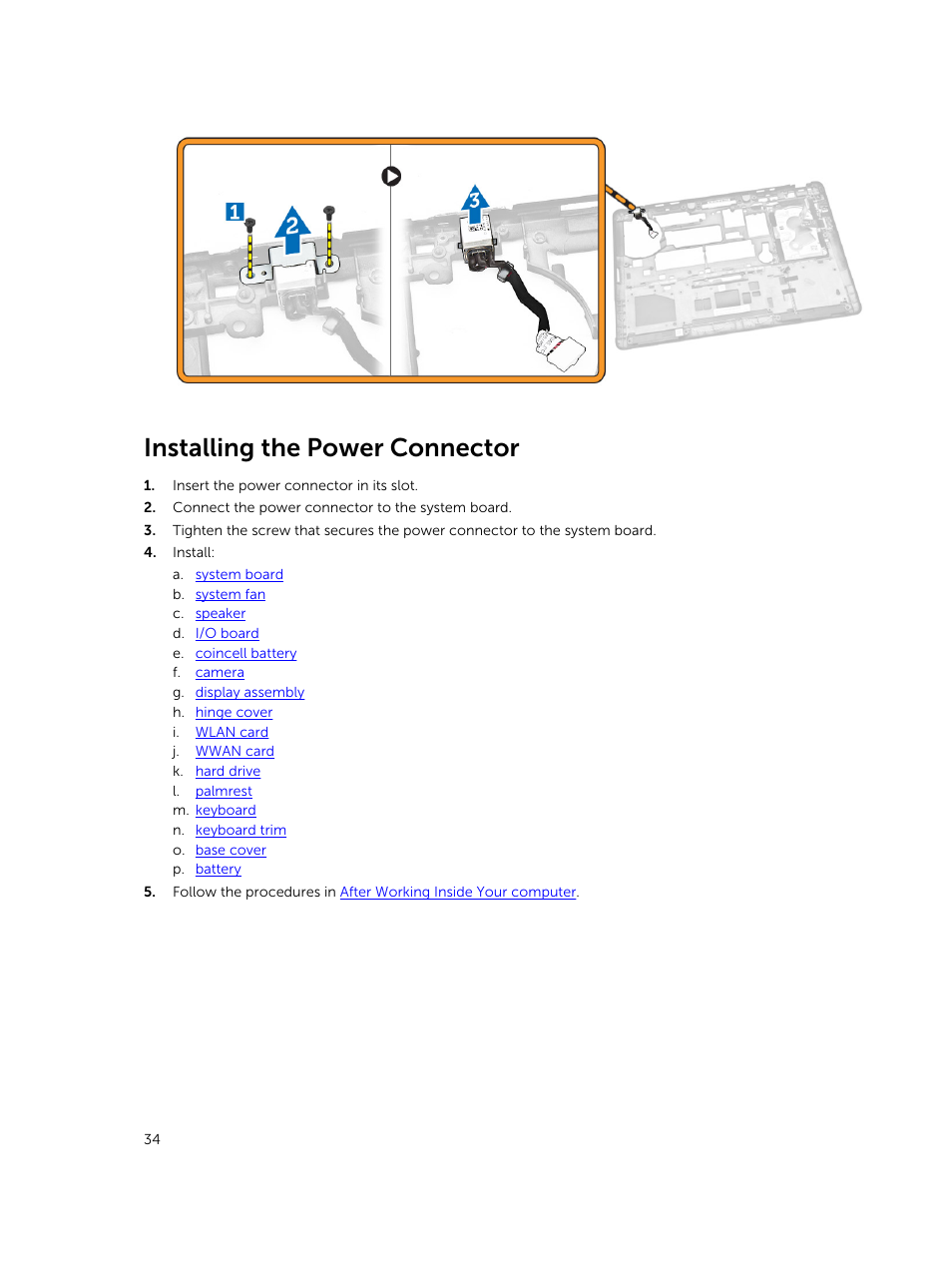 Installing the power connector | Dell Latitude E7450/7450 (Late 2014) User Manual | Page 34 / 57