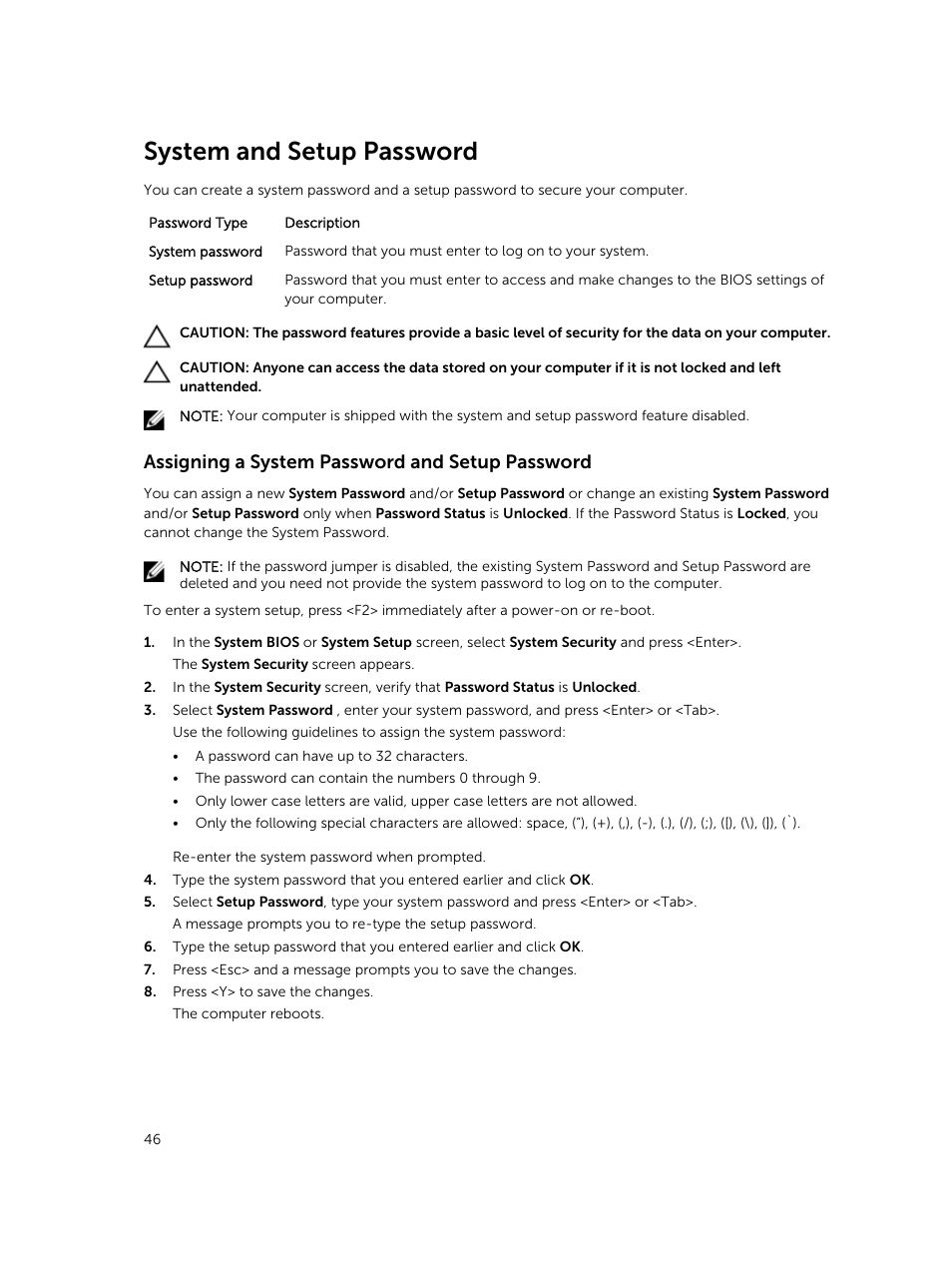 System and setup password, Assigning a system password and setup password | Dell Latitude E7450/7450 (Late 2014) User Manual | Page 46 / 57