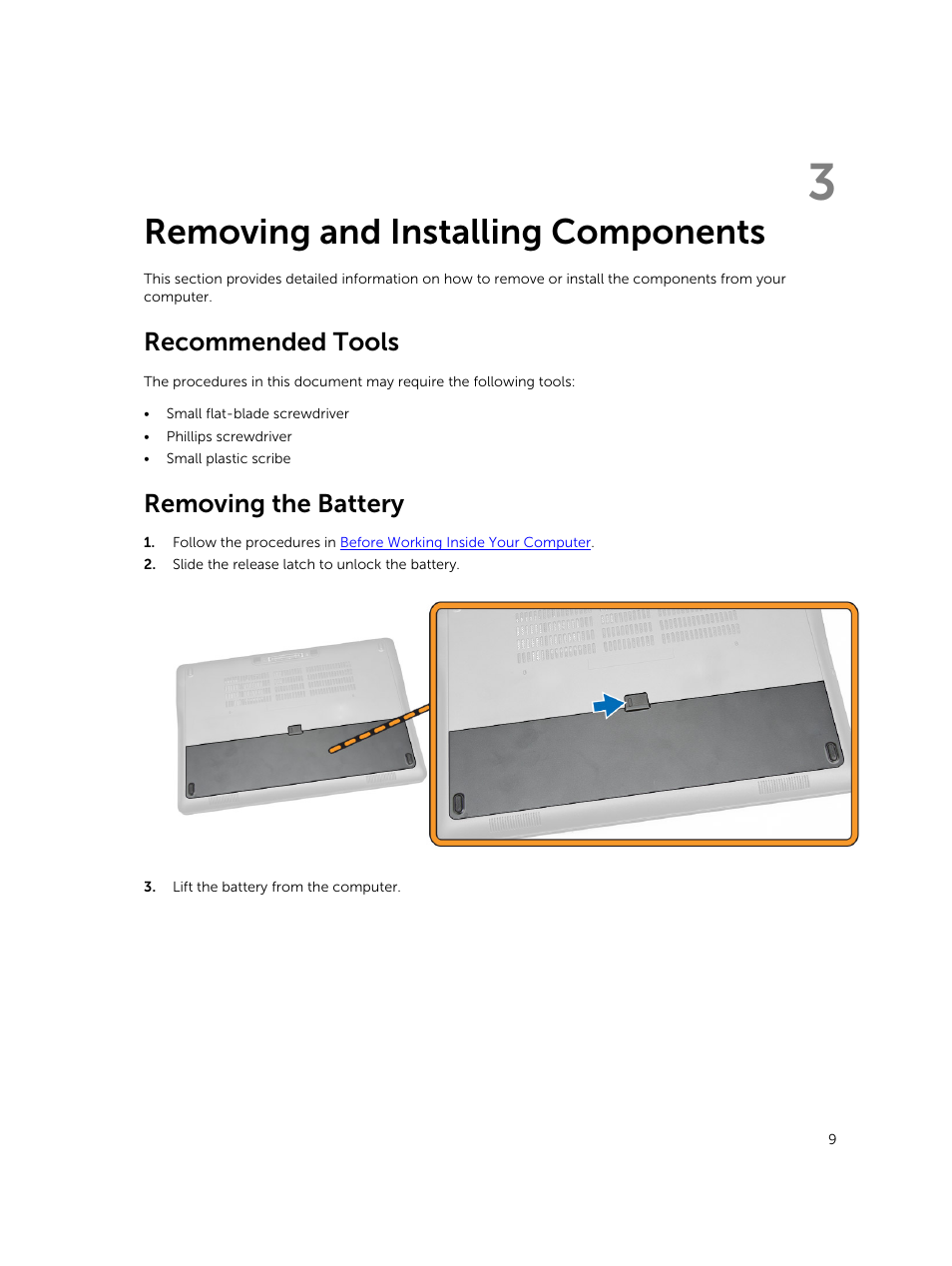 Removing and installing components, Recommended tools, Removing the battery | 3 removing and installing components | Dell Latitude E7450/7450 (Late 2014) User Manual | Page 9 / 57