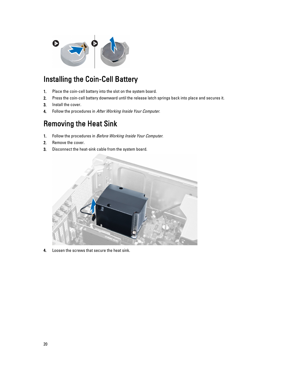 Installing the coin-cell battery, Removing the heat sink | Dell Precision T3600 (Mid 2012) User Manual | Page 20 / 59