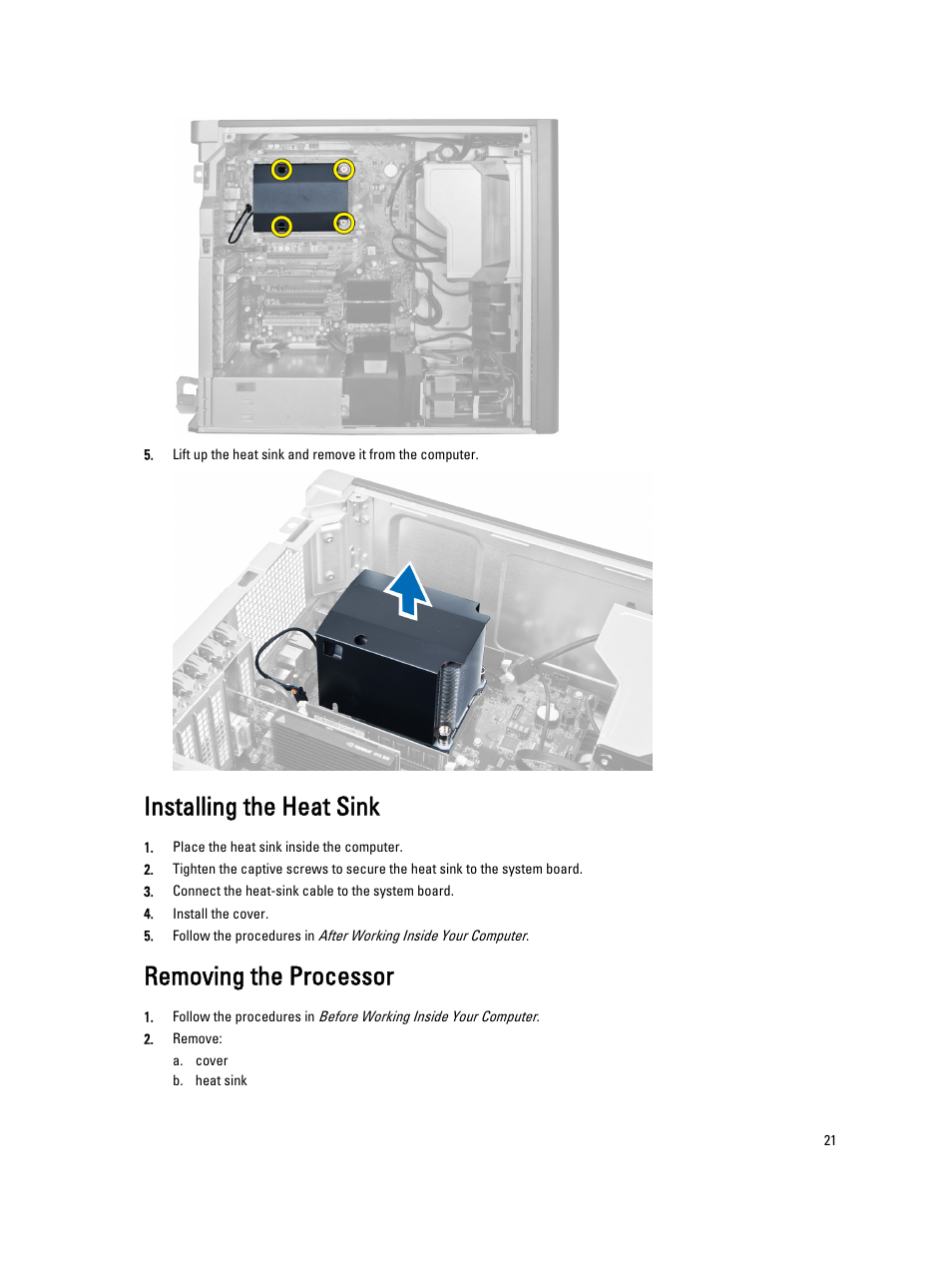 Installing the heat sink, Removing the processor | Dell Precision T3600 (Mid 2012) User Manual | Page 21 / 59