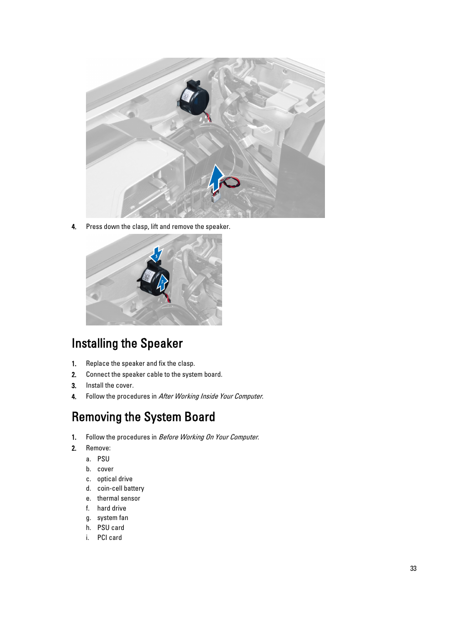 Installing the speaker, Removing the system board | Dell Precision T3600 (Mid 2012) User Manual | Page 33 / 59