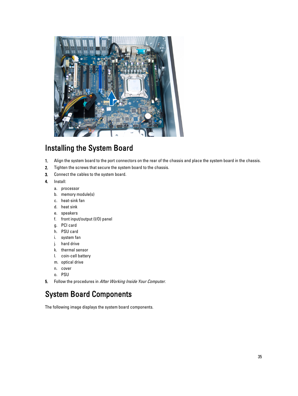 Installing the system board, System board components | Dell Precision T3600 (Mid 2012) User Manual | Page 35 / 59