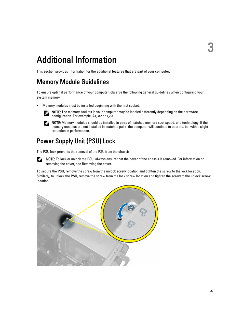 Additional information, Memory module guidelines, Power supply unit (psu) lock | 3 additional information | Dell Precision T3600 (Mid 2012) User Manual | Page 37 / 59