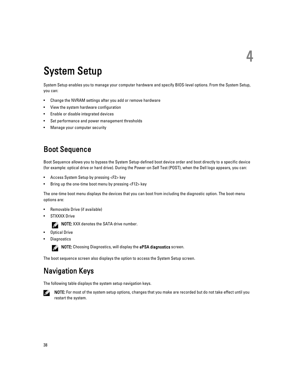 System setup, Boot sequence, Navigation keys | 4 system setup | Dell Precision T3600 (Mid 2012) User Manual | Page 38 / 59