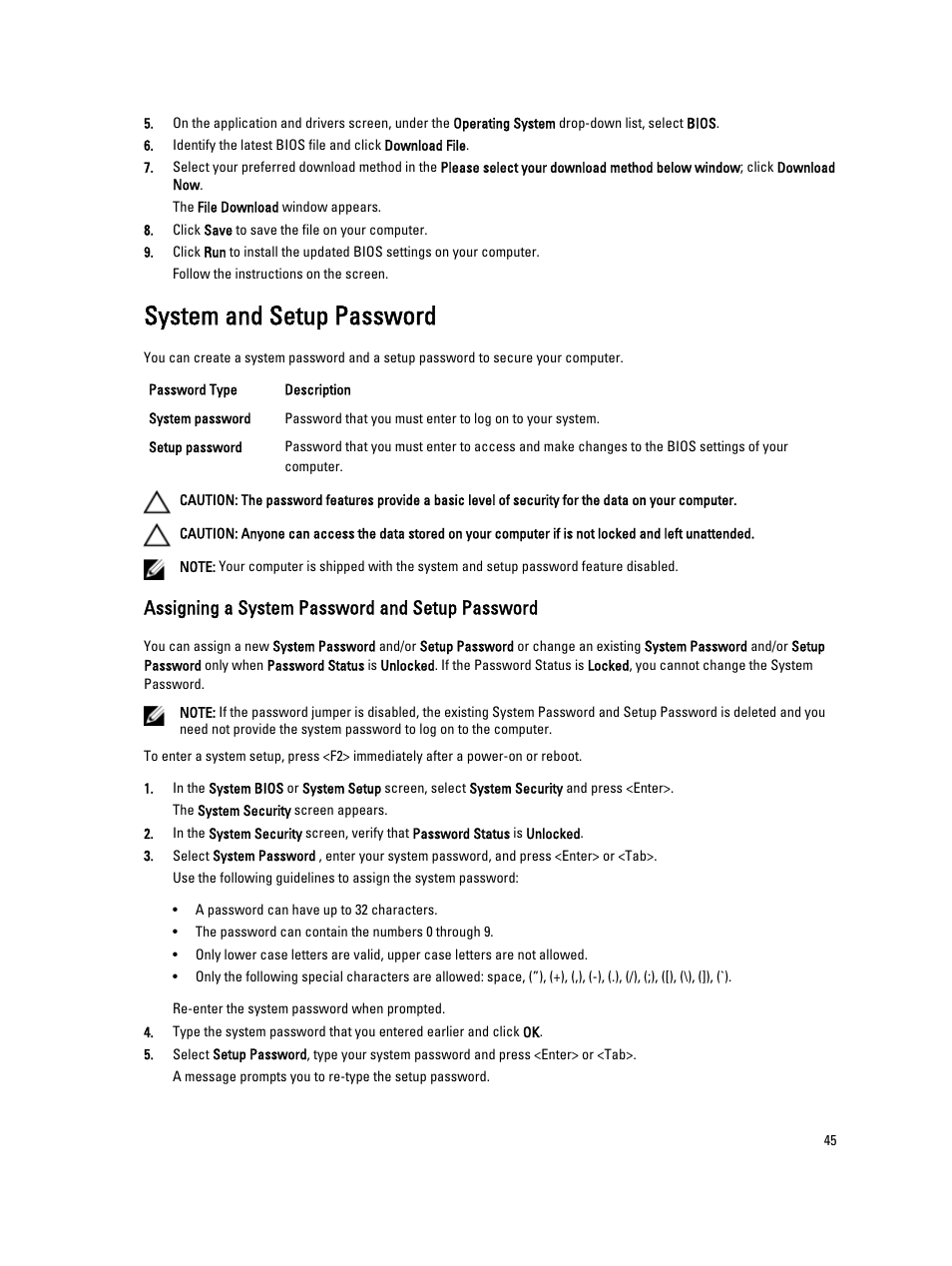 System and setup password, Assigning a system password and setup password | Dell Precision T3600 (Mid 2012) User Manual | Page 45 / 59