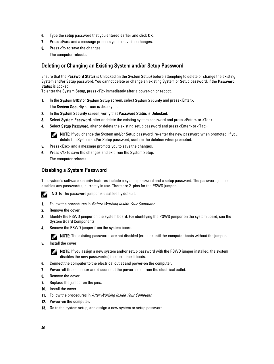 Disabling a system password | Dell Precision T3600 (Mid 2012) User Manual | Page 46 / 59