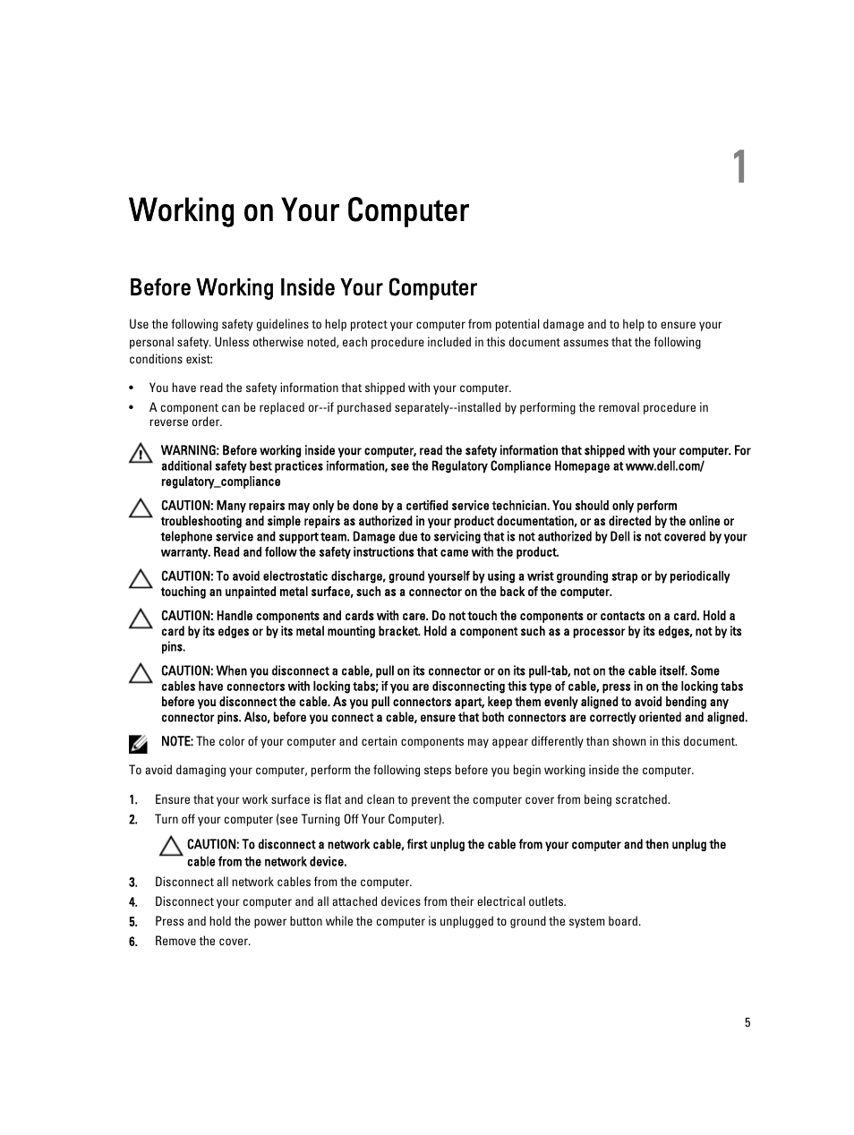 Working on your computer, Before working inside your computer, 1 working on your computer | Dell Precision T3600 (Mid 2012) User Manual | Page 5 / 59