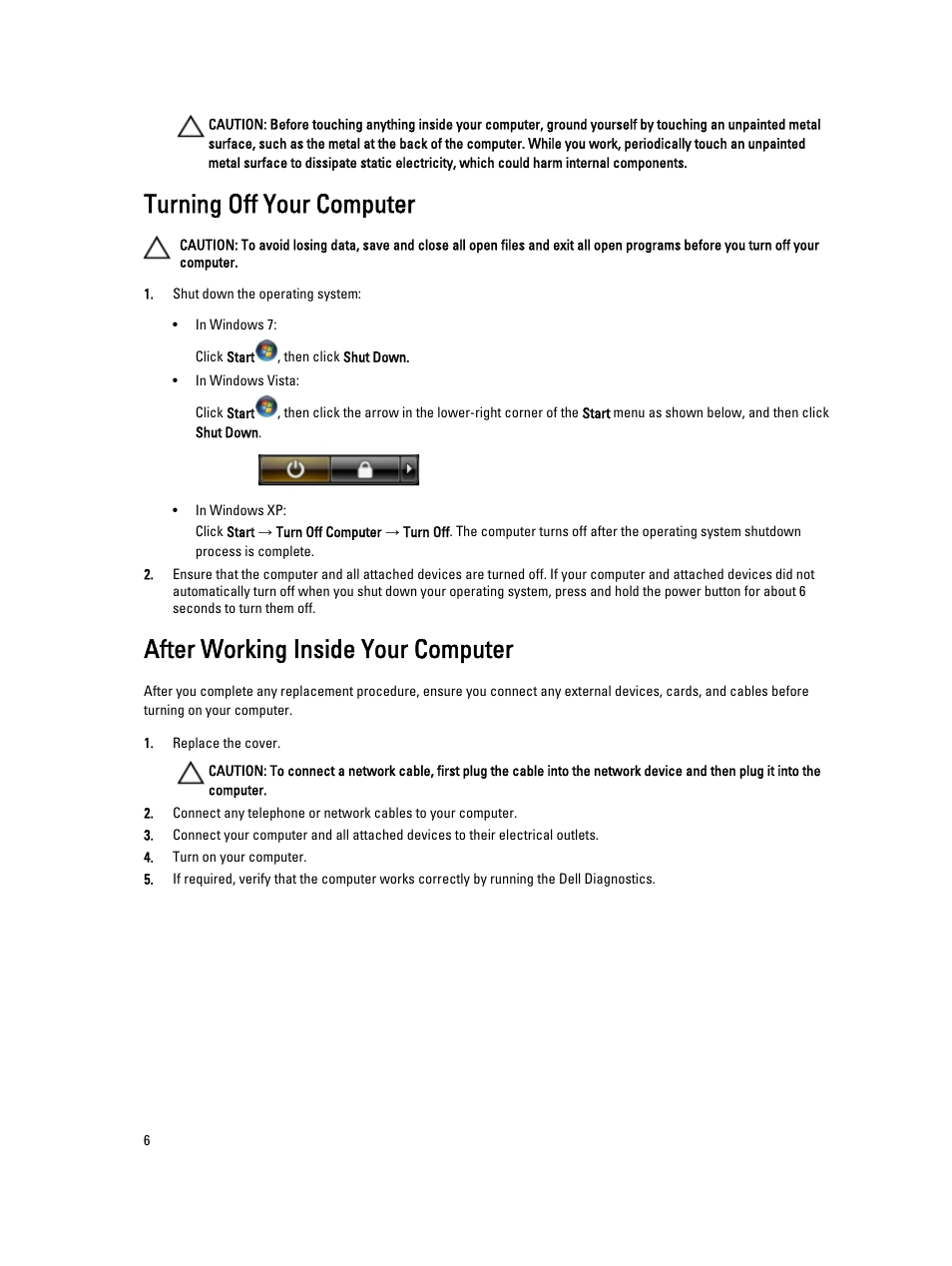 Turning off your computer, After working inside your computer | Dell Precision T3600 (Mid 2012) User Manual | Page 6 / 59