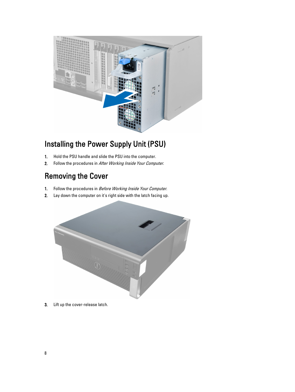 Installing the power supply unit (psu), Removing the cover | Dell Precision T3600 (Mid 2012) User Manual | Page 8 / 59