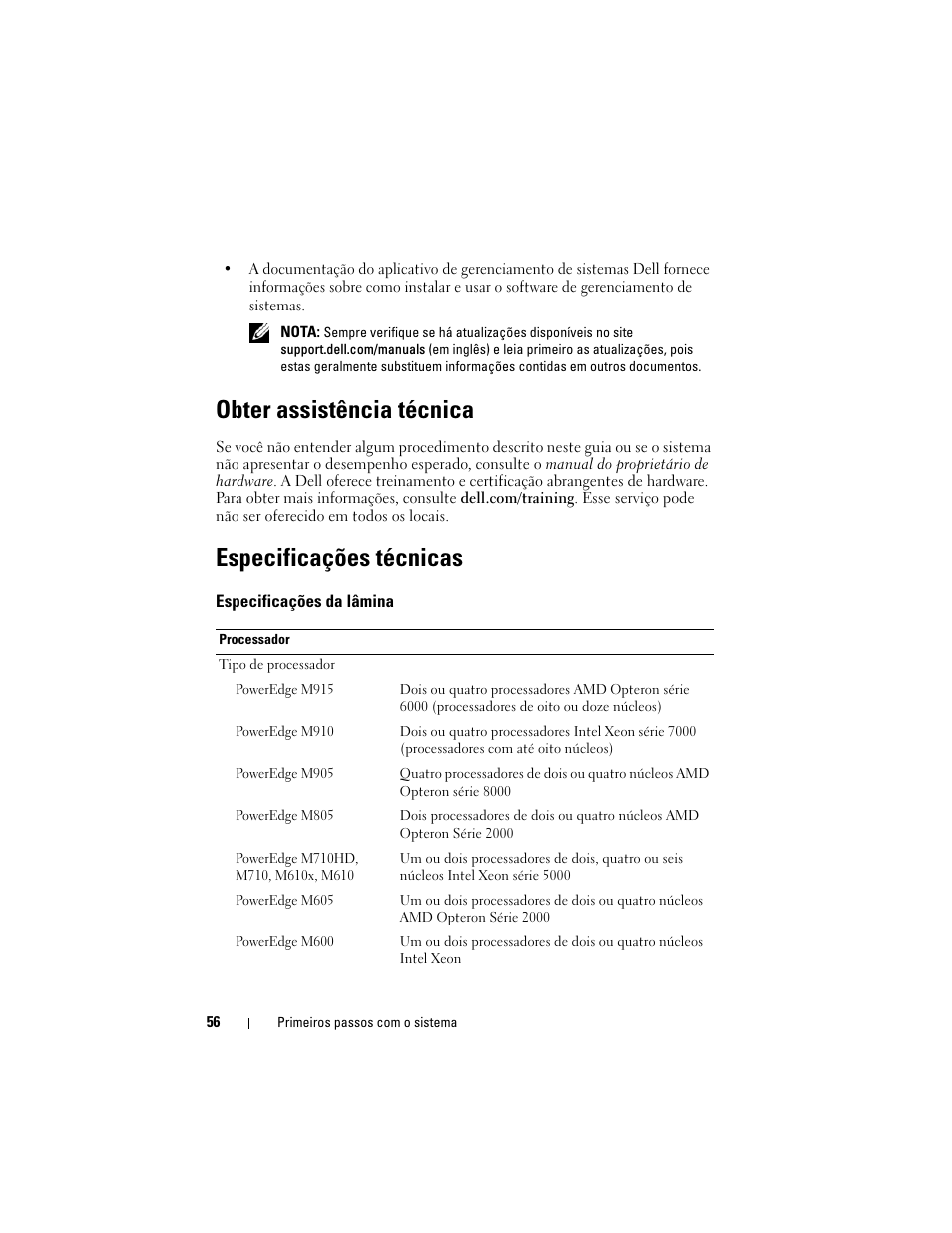 Obter assistência técnica, Especificações técnicas | Dell PowerEdge M600 User Manual | Page 58 / 92