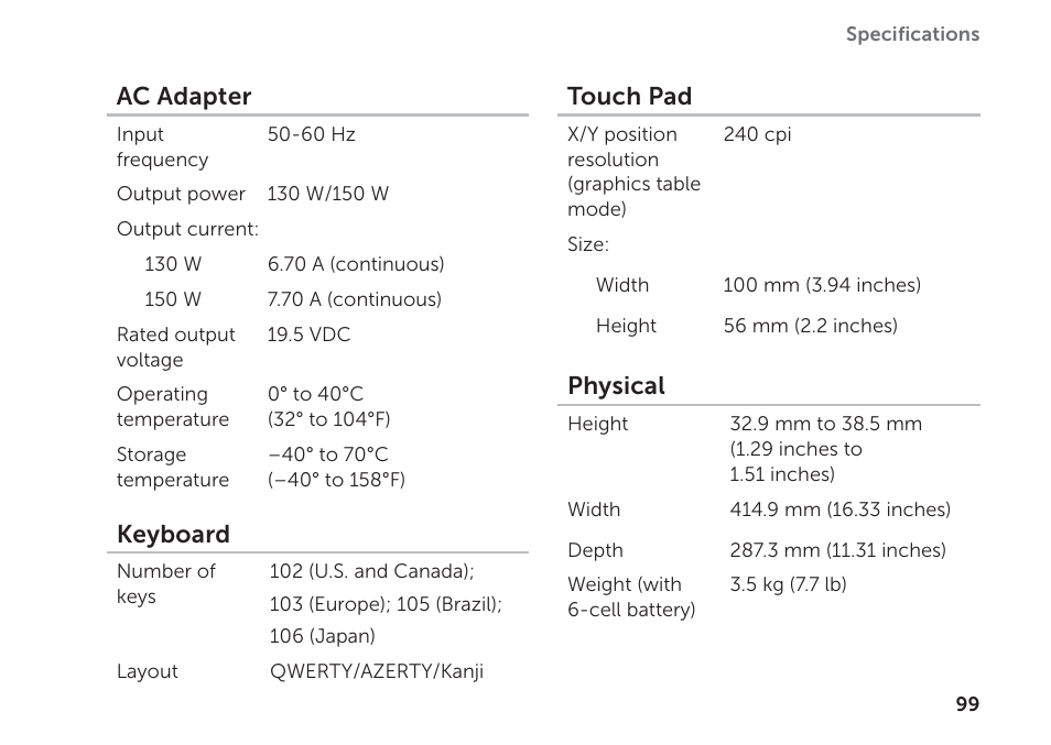 Ac adapter, Keyboard, Touch pad | Physical | Dell XPS 17 (L702X, Early 2011) User Manual | Page 101 / 110