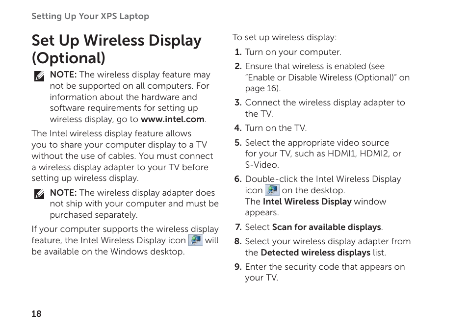 Set up wireless display (optional) | Dell XPS 17 (L702X, Early 2011) User Manual | Page 20 / 110