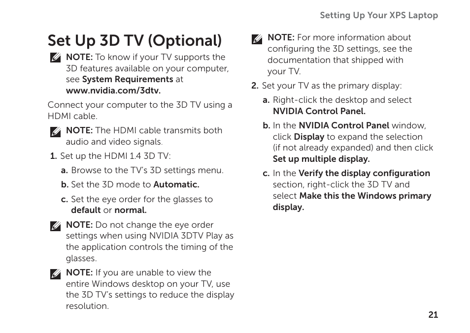Set up 3d tv (optional) | Dell XPS 17 (L702X, Early 2011) User Manual | Page 23 / 110