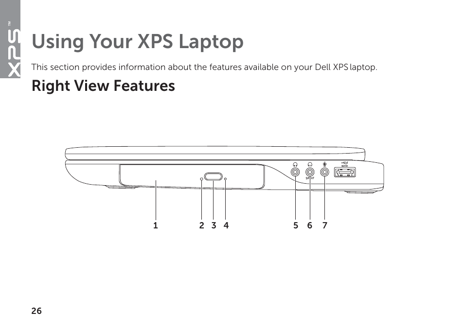 Using your xps laptop, Right view features | Dell XPS 17 (L702X, Early 2011) User Manual | Page 28 / 110