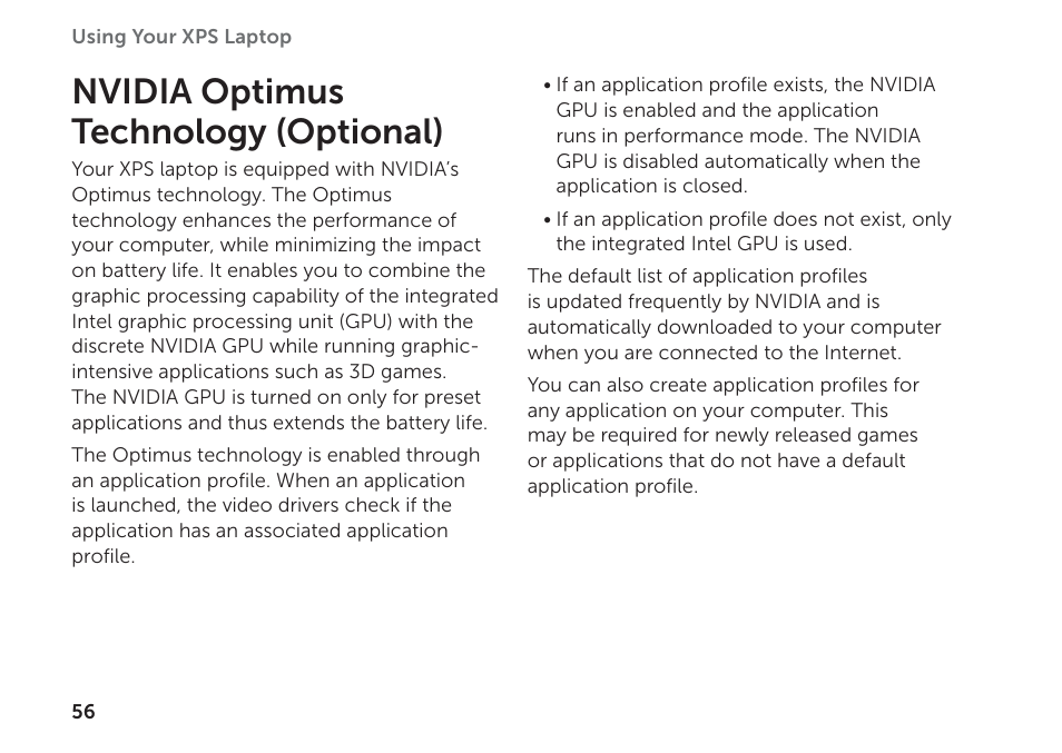 Nvidia optimus technology (optional) | Dell XPS 17 (L702X, Early 2011) User Manual | Page 58 / 110