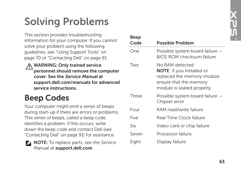 Solving problems, Beep codes | Dell XPS 17 (L702X, Early 2011) User Manual | Page 65 / 110