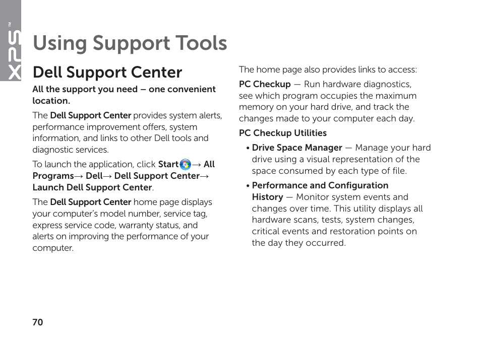 Using support tools, Dell support center | Dell XPS 17 (L702X, Early 2011) User Manual | Page 72 / 110