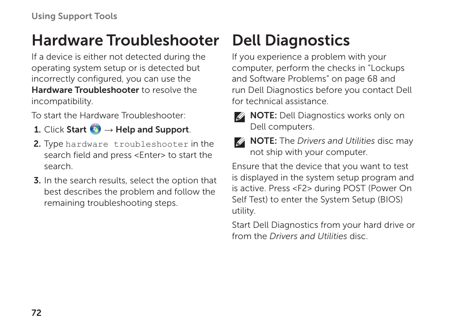 Hardware troubleshooter, Dell diagnostics, Hardware troubleshooter dell diagnostics | Run dell diagnostics (see “dell | Dell XPS 17 (L702X, Early 2011) User Manual | Page 74 / 110