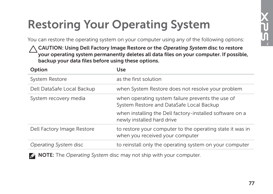 Restoring your operating system | Dell XPS 17 (L702X, Early 2011) User Manual | Page 79 / 110