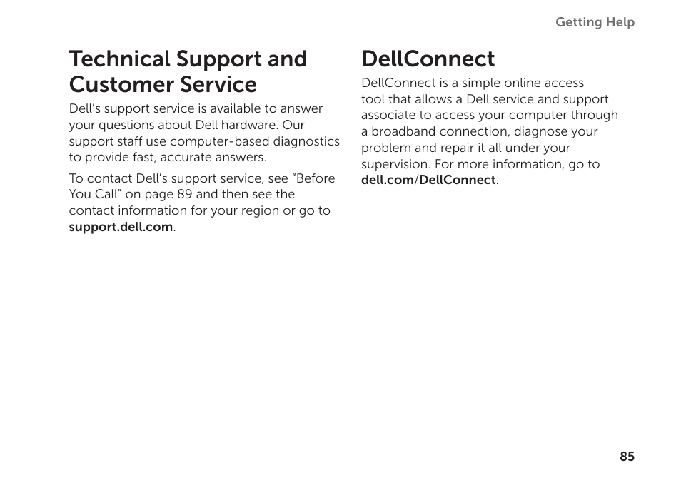 Technical support and customer service, Dellconnect, Technical support and customer service dellconnect | Dell XPS 17 (L702X, Early 2011) User Manual | Page 87 / 110