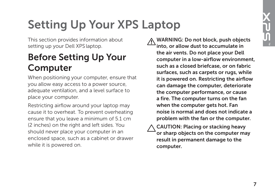 Setting up your xps laptop, Before setting up your computer | Dell XPS 17 (L702X, Early 2011) User Manual | Page 9 / 110