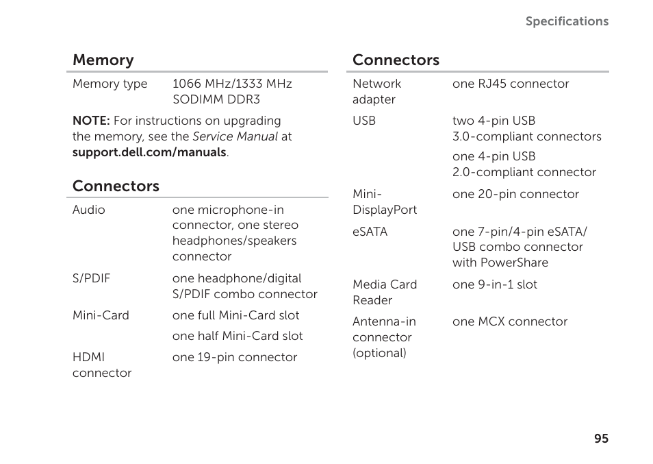 Connectors | Dell XPS 17 (L702X, Early 2011) User Manual | Page 97 / 110