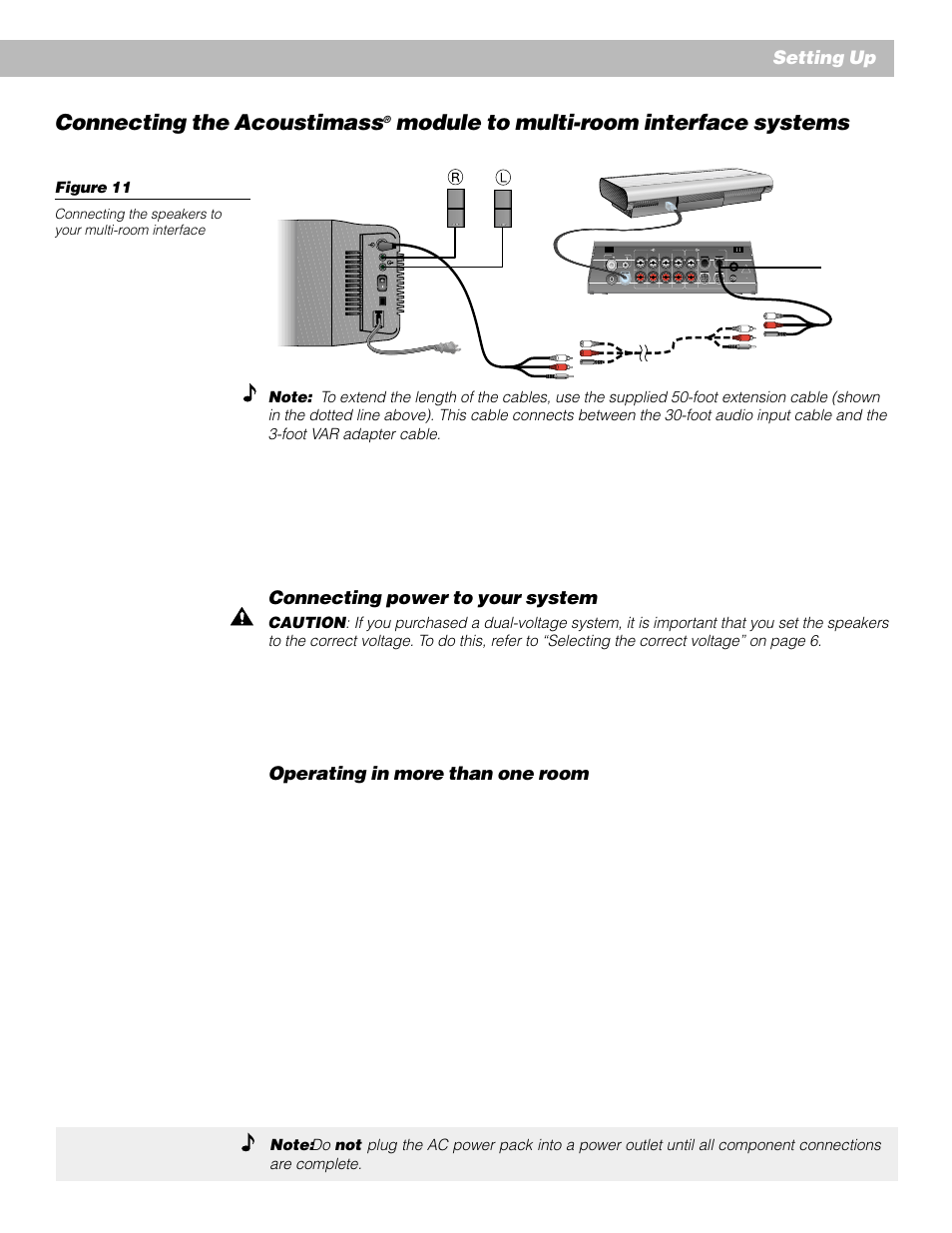 Connecting the acoustimass, Module to multi-room interface systems, Connecting power to your system | Operating in more than one room, Setting up, Your lifestyle, System personal, Music center can control up to four sets of bose, Primary), Serial data | Bose AM262838_00_V. User Manual | Page 11 / 22