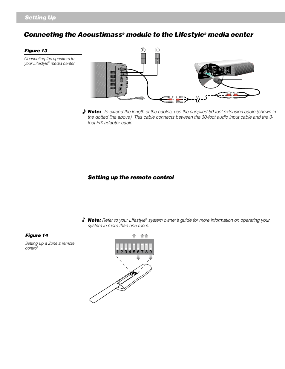 Connecting the acoustimass, Module to the lifestyle, Media center | Setting up the remote control, Setting up | Bose AM262838_00_V. User Manual | Page 14 / 22