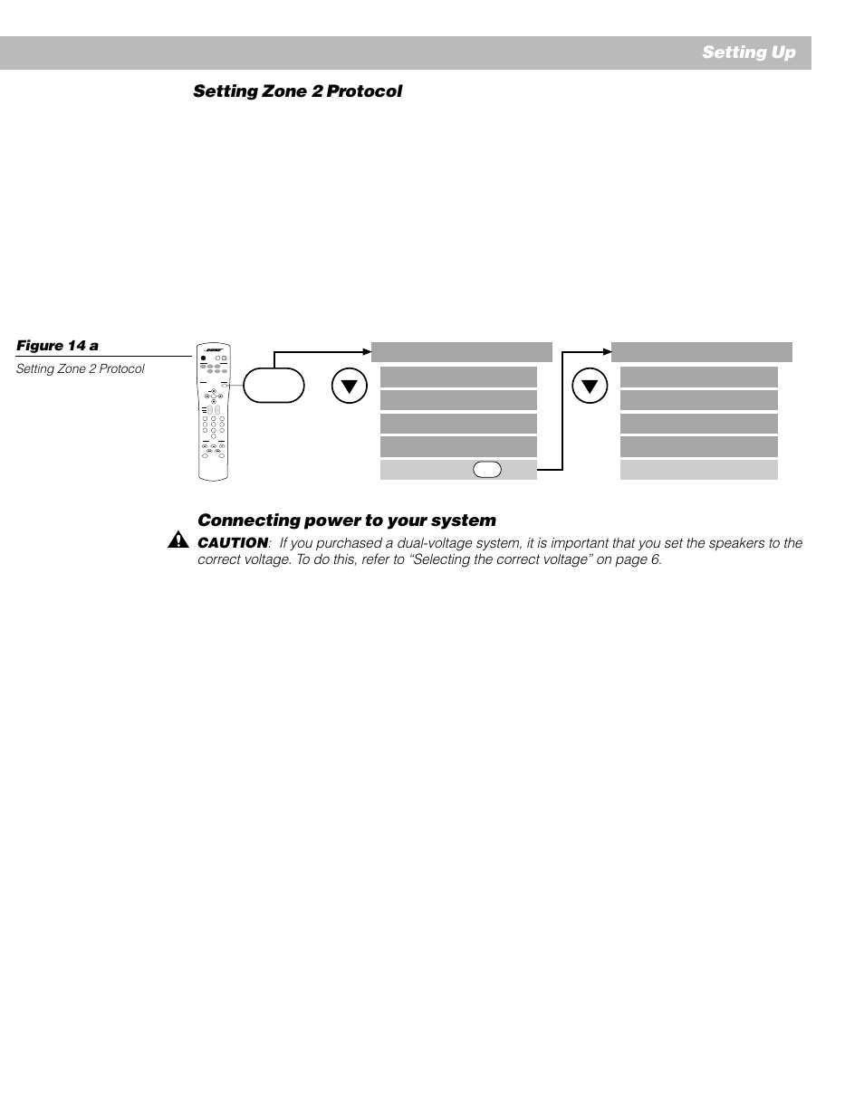 Connecting power to your system, Settings, Setting up setting zone 2 protocol | Bose AM262838_00_V. User Manual | Page 15 / 22