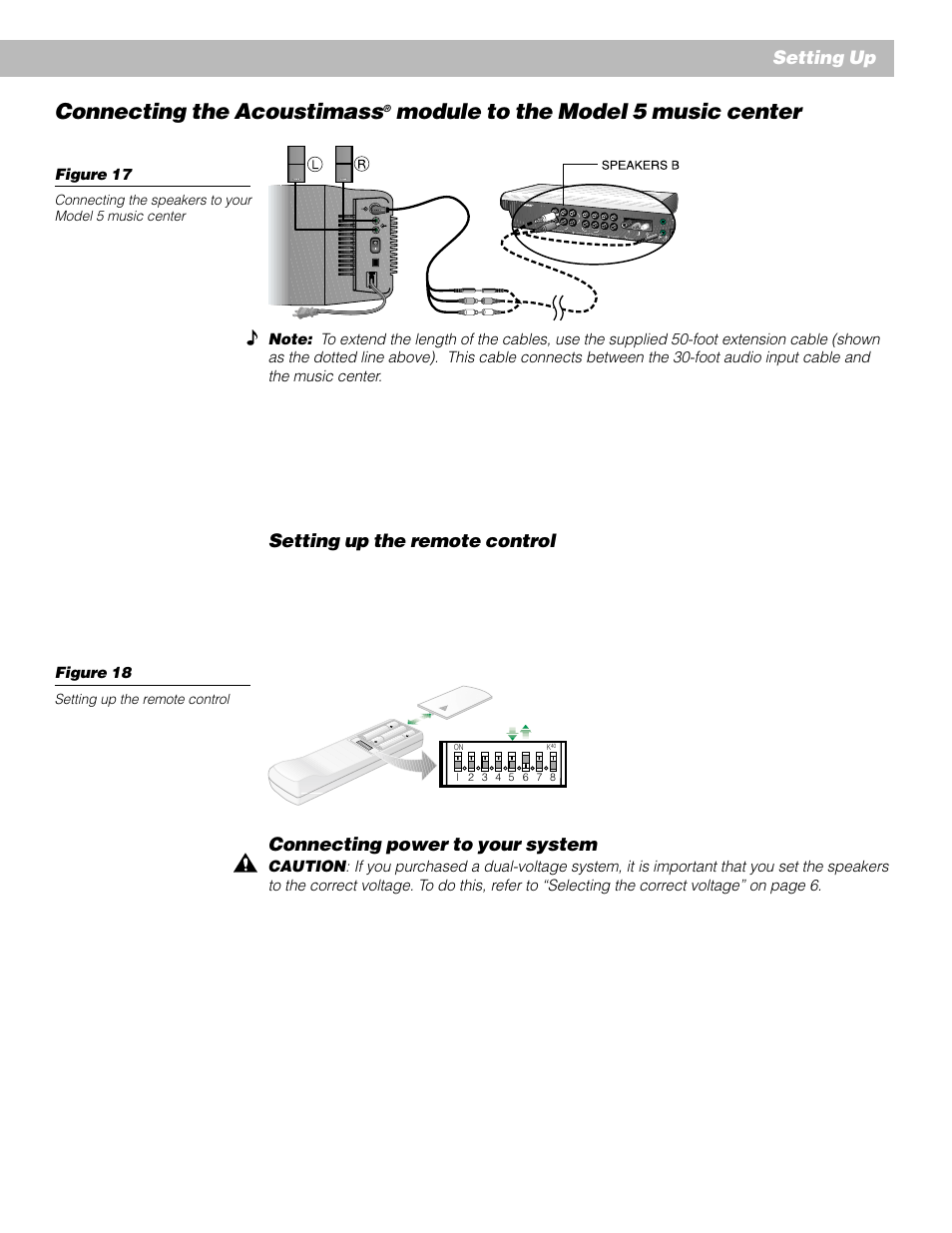 Connecting the acoustimass, Module to the model 5 music center, Setting up the remote control | Connecting power to your system, Setting up | Bose AM262838_00_V. User Manual | Page 17 / 22