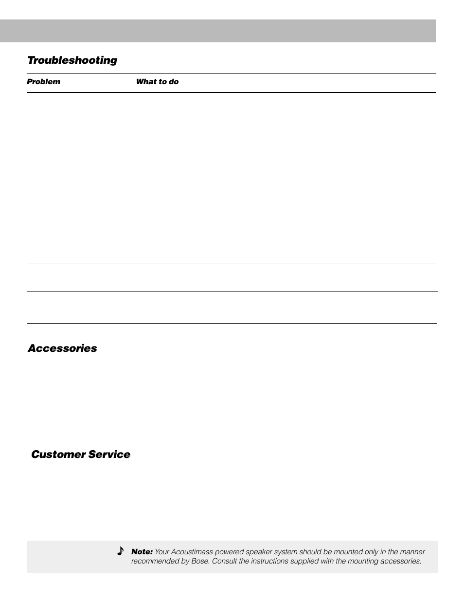 Troubleshooting, Accessories, Customer service | Bose AM262838_00_V. User Manual | Page 19 / 22