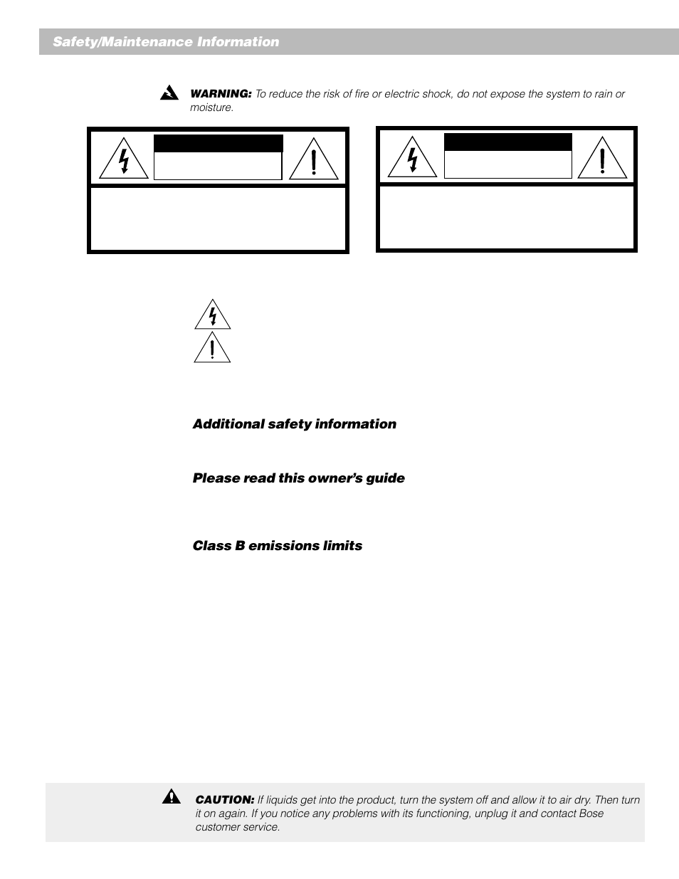 Caution avis, Please read this owner’s guide, Class b emissions limits | Bose AM262838_00_V. User Manual | Page 2 / 22